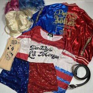 Suicide Squad Harley Quinn Costume Sequins Jacket Top Wig Belt Tattoo Tights XL